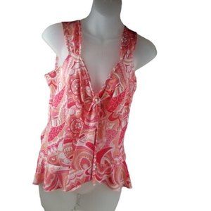 Fashion Bug Tank Top Women Sz M V-Neck Empire Tie Front Floral Festival Pink Vtg